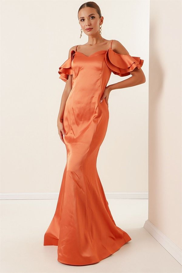 By Saygı By Saygı Lined Long Satin Dress Orange with Rope Strap Low Sleeve Laced Back