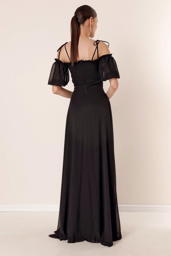By Saygı By Saygı Long Chiffon Dress with Pleated Collar and Balloon Sleeves Black
