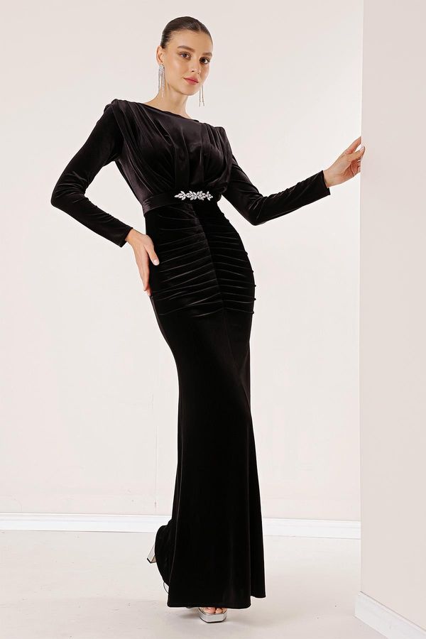 By Saygı By Saygı Long Velvet Dress with Front Pleated Belt