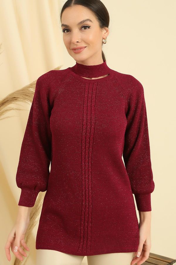 By Saygı By Saygı Low-cut Neck Braided Pattern Plus Size Sports Tunic Sweater