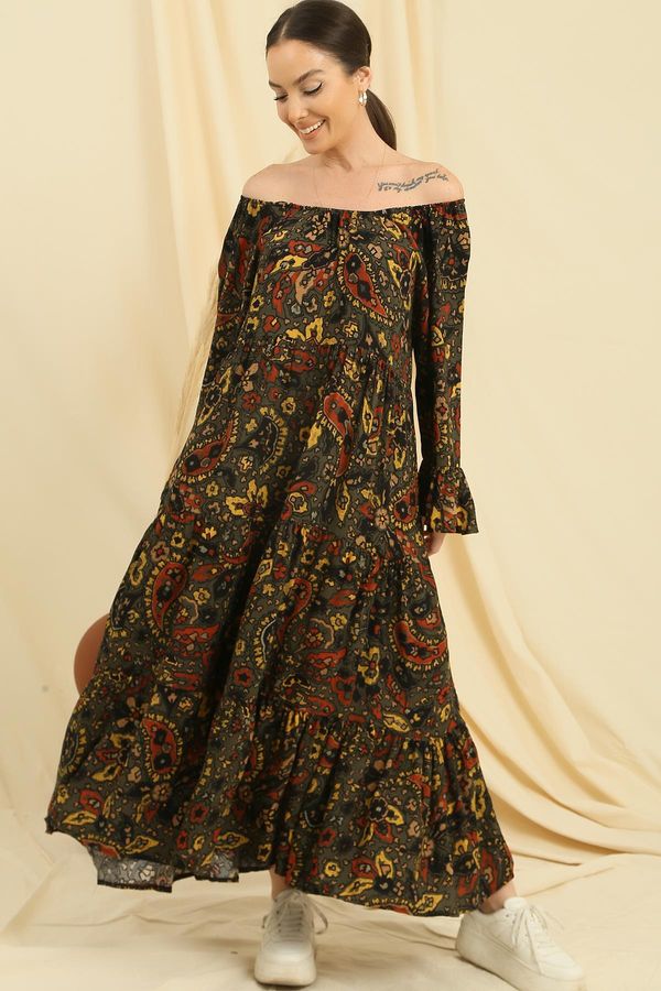 By Saygı By Saygı Madonna Neck Shawl Patterned Oversize Viscose Dress