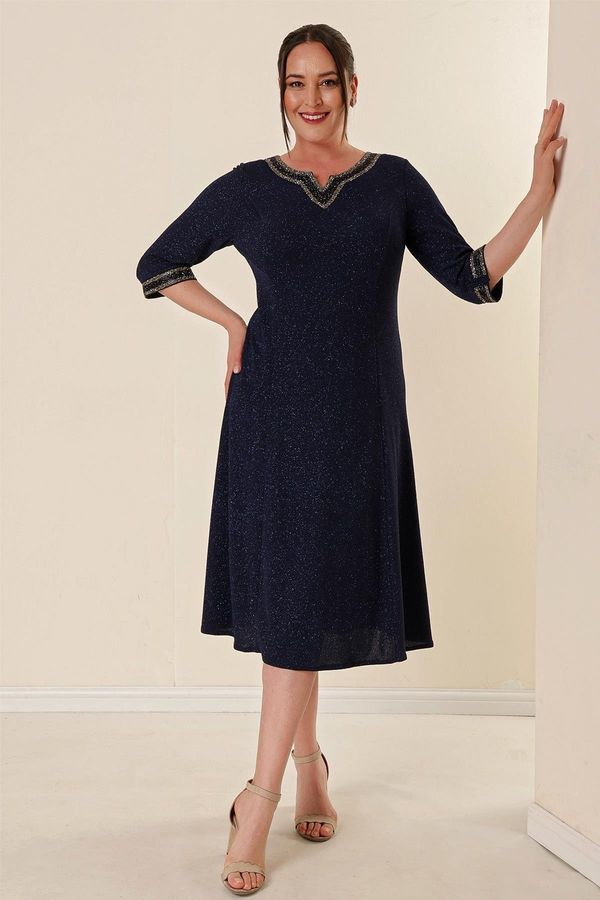 By Saygı By Saygı Navy Blue Plus Size Lined Silvery Dress With Stone Detailed Collar And Sleeves.