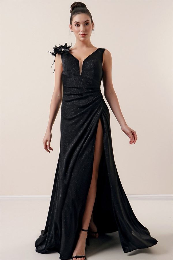 By Saygı By Saygı One Shoulder 3D Floral Side And Back Gathered Lined Silvery Long Portofino Dress Black