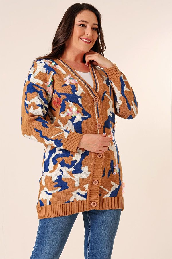By Saygı By Saygı Oversize Camouflage Sequin Long Knitwear Cardigan