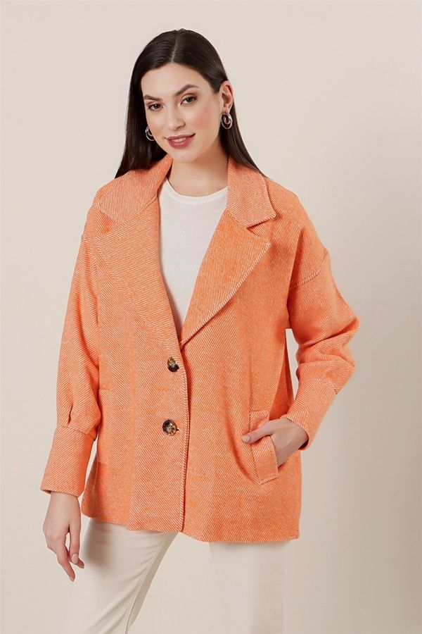 By Saygı By Saygı Oversized Lined Stamp Jacket with Pockets with Cuff Sleeves Orange