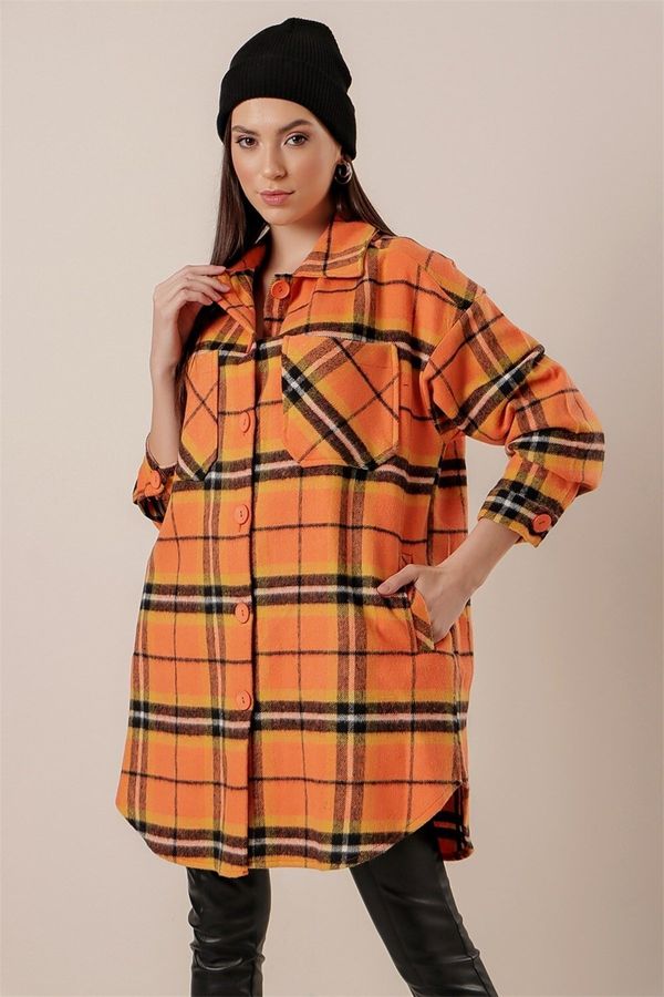 By Saygı By Saygı Plaid Wool Cachet Long Shirt Orange with Pocket