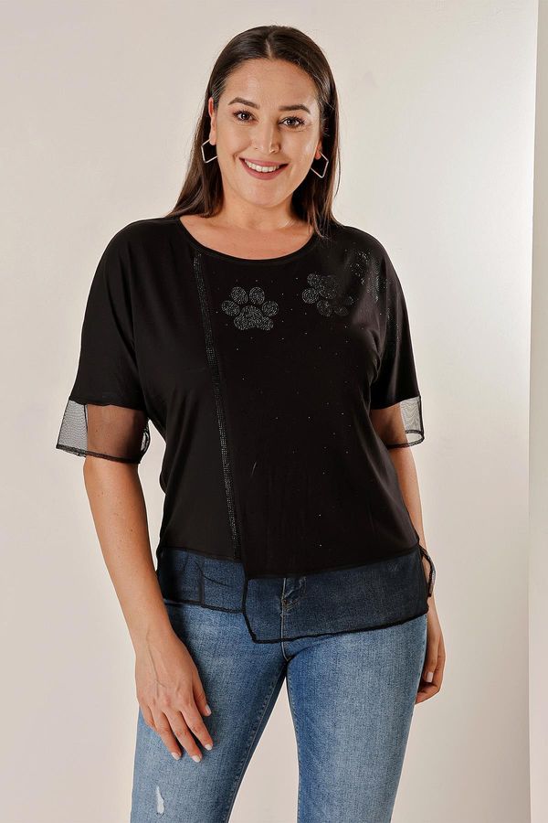 By Saygı By Saygı Plus Size Blouse with tulle around the sleeves and hem with a stone print on the front.