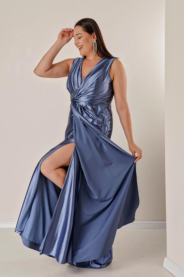 By Saygı By Saygı Plus Size Lined Long Satin Dress with Beads and Detail Draping in the Front.