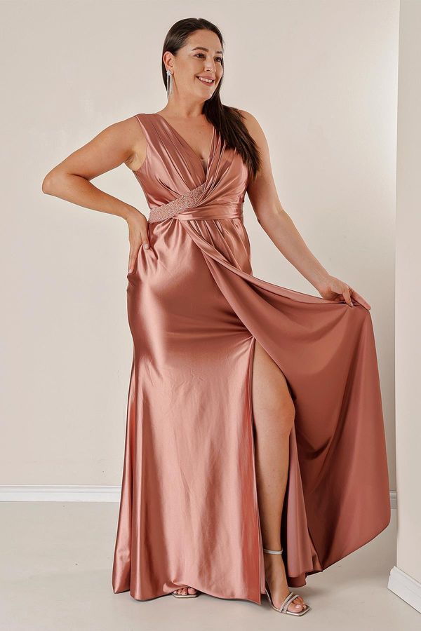 By Saygı By Saygı Plus Size Lined Long Satin Dress with Beads and Detail Draping in the Front.