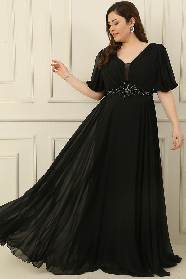 By Saygı By Saygı Plus Size Long Chiffon Dress Front Back V-Neck Beaded Waist and Front Draped Lined
