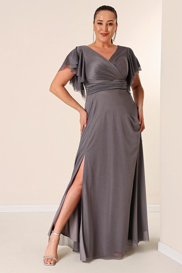 By Saygı By Saygı Plus Size Long Glittery Dress with a Double Breasted Collar Draping and Linen