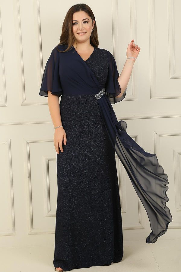 By Saygı By Saygı Plus Size Silvery Long Dress with Chiffon Sleeves and Stone Accessories on the Side