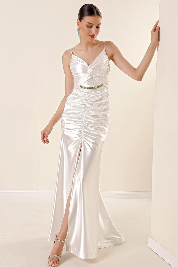 By Saygı By Saygı Rope Hangings Draped Front with Chain Accessories and a Slit in the Front Lined Satin Long Dress White