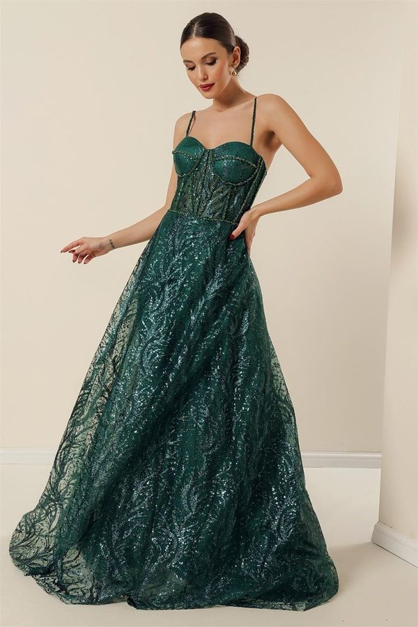 By Saygı By Saygı Rope Strap Bead Detailed Lined Sequins And Silvery Underwire Long Dress Emerald
