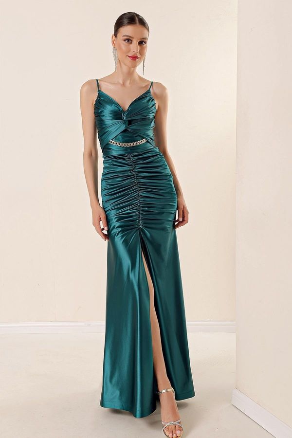 By Saygı By Saygı Rope Strap Front Draped Chain Accessory Lined Satin Long Dress Emerald