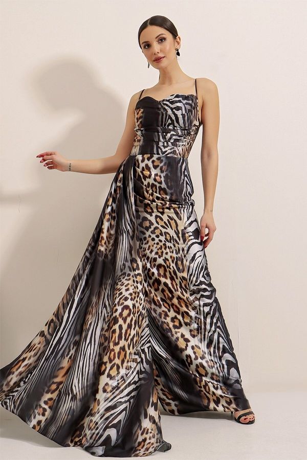 By Saygı By Saygı Rope Strap Lined Leopard Patterned Satin Long Dress Black
