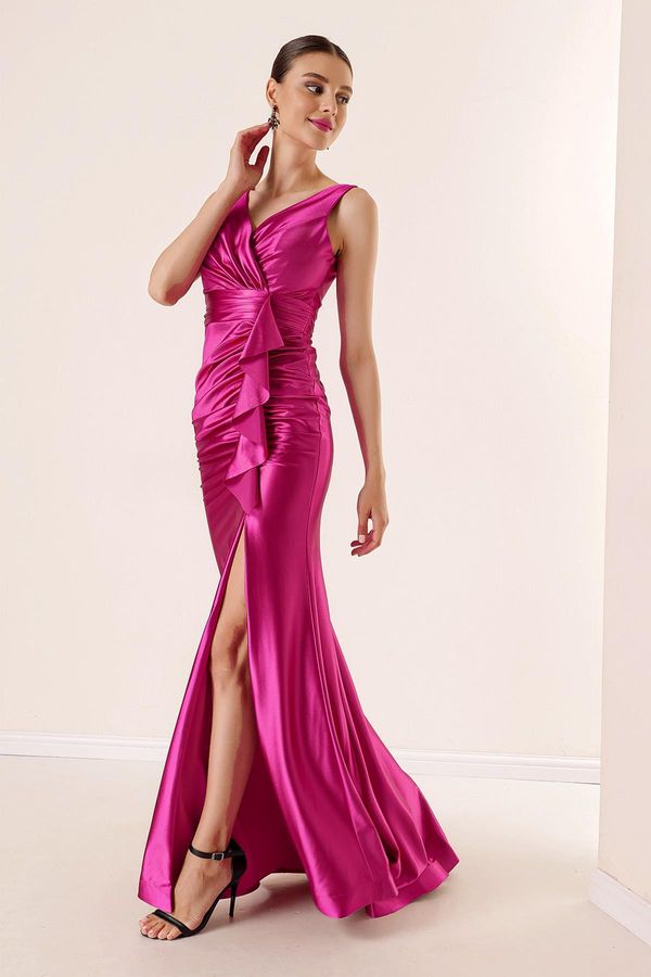 By Saygı By Saygı Ruffle-Draped Long Evening Dress with Lined Front, Wide Body