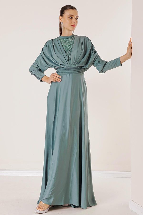 By Saygı By Saygı Satin Long Dress with Gathered Sleeves, Button Detail, Lined and Beaded Front