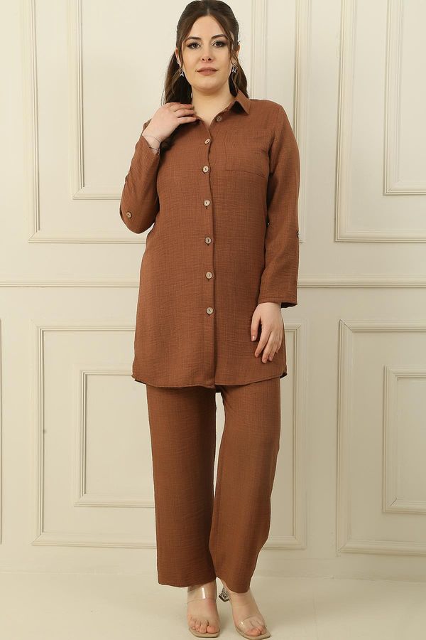 By Saygı By Saygı Single Pocket Double Sleeve Shirt Elastic Waist Palazzo Trousers Linen Effect Plus Size 2 Set
