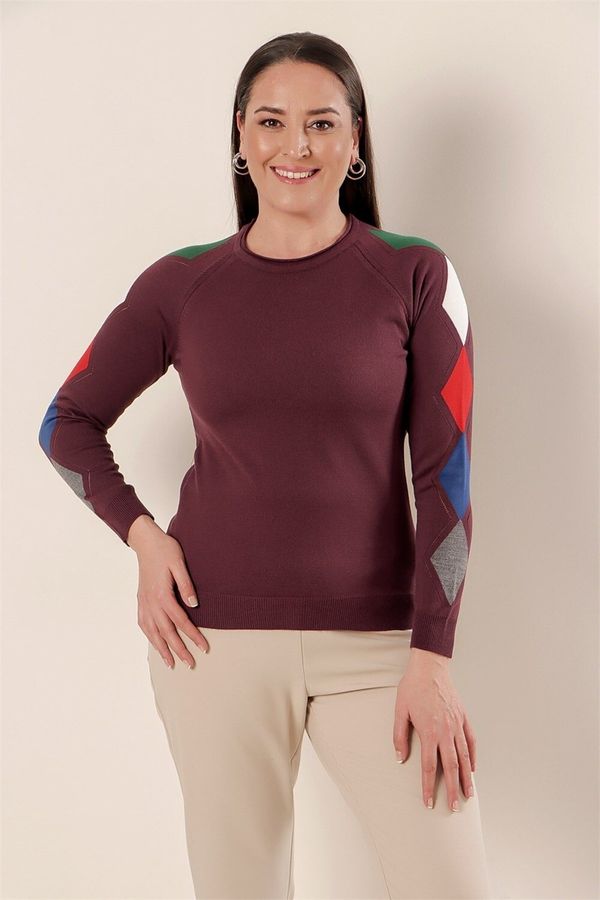 By Saygı By Saygı Sleeve Diamond Pattern Front Short Back Long Plus Size Acrylic Sweater Damson