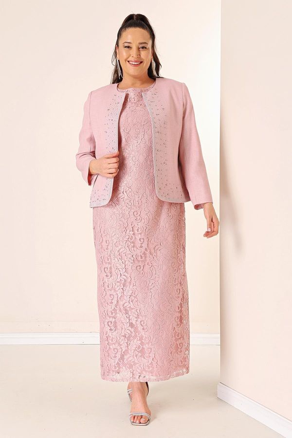 By Saygı By Saygı Sleeveless Floral Lace Long Dress Stone Detailed Crepe Jacket Lined Plus Size 2-Piece Suit