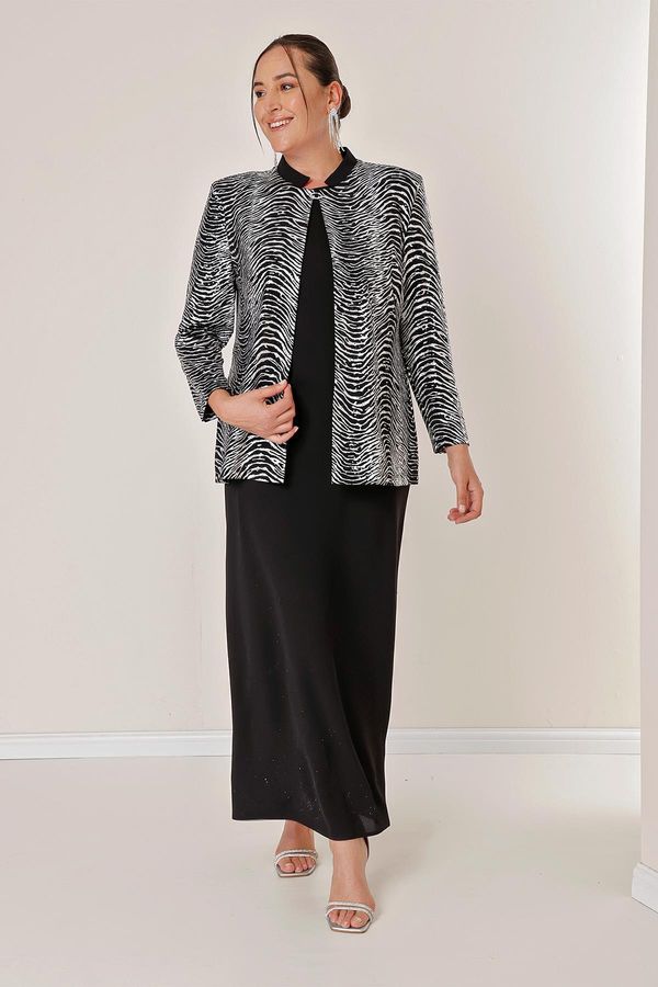 By Saygı By Saygı Sleeveless Long Lined Crepe Dress Zebra Patterned Foil Sequin Jacket B.B. Double Suit