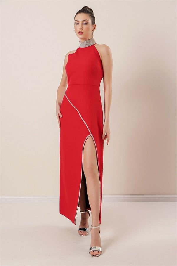 By Saygı By Saygı Stone Detailed Long Dress with Slit on the Front Red