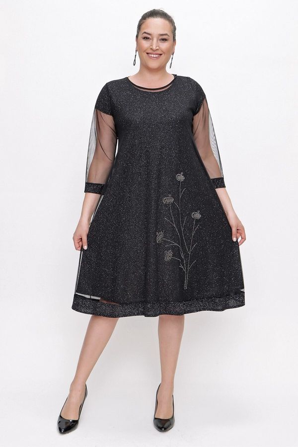 By Saygı By Saygı Stone Embroidered Tulle Glitter Plus Size Lycra Dress