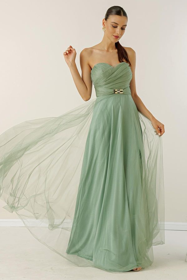 By Saygı By Saygı Strapless, Buckled Waist, Draped and Lined Long Tulle Dress