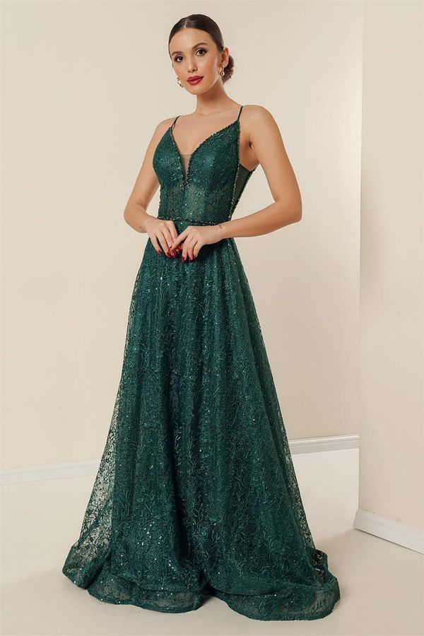 By Saygı By Saygı String Strap Lined Bead Detailed Embroidery Sequin Long Dress Emerald