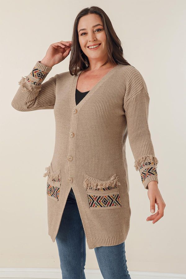 By Saygı By Saygı Tasseled Patterned Plus Size Cardigan With Front Buttons And Pockets And Sleeve Ends
