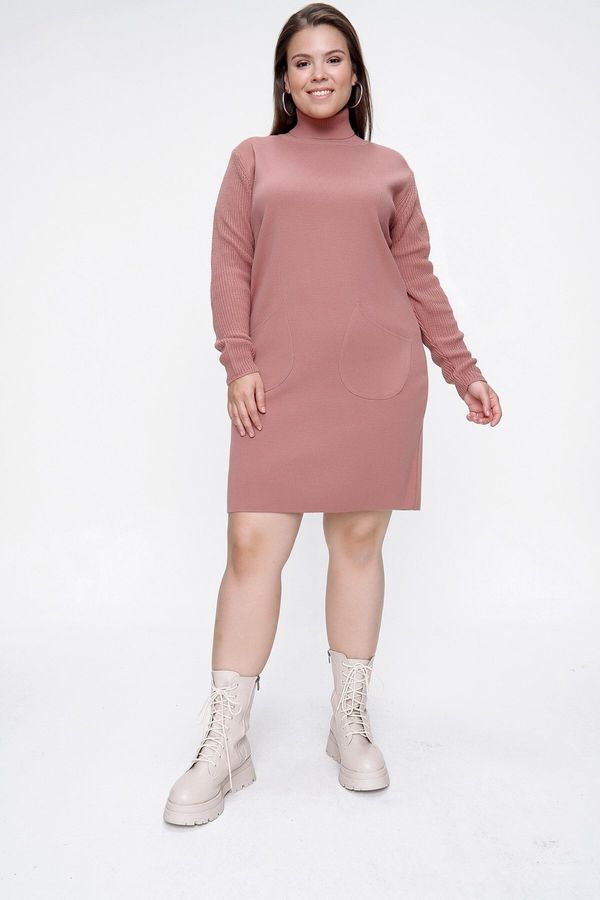 By Saygı By Saygı Turtleneck Acrylic Knitwear Tunic Dress With Bag Pocket Dry Rose