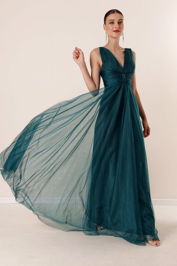 By Saygı By Saygı V-Neck Decollete Front Draped Lined Long Tulle Dress Emerald