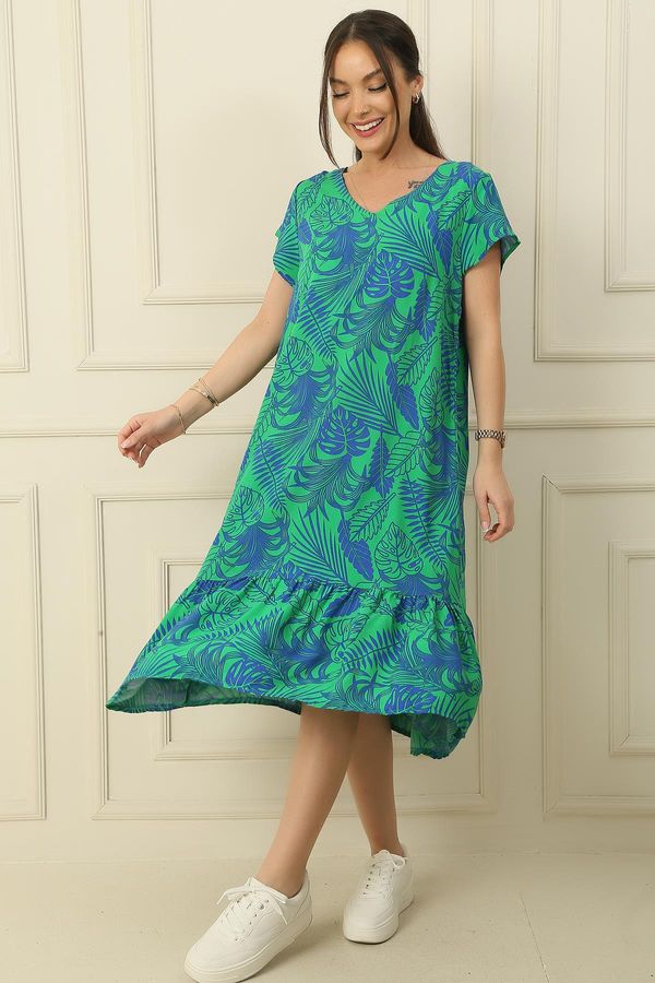 By Saygı By Saygı V-neck Leaf Pattern Skirt Pleated Oversize Comfortable Fit Viscose Dress