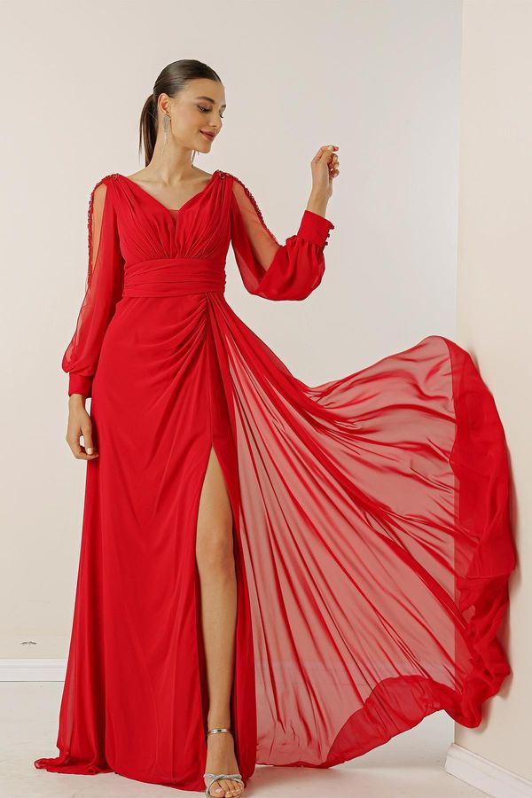 By Saygı By Saygı V-Neck Long Evening Chiffon Dress with Draping and Lined Sleeves.