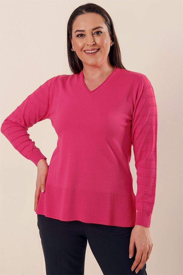 By Saygı By Saygı V-Neck Sleeve Patterned Plus Size Acrylic Sweater with Side Slits Pink