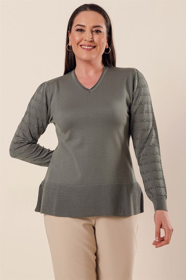 By Saygı By Saygı V-Neck Sleeve Patterned Plus Size Acrylic Sweater with Slits in the Sides Water Green