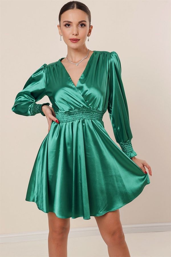 By Saygı By Saygı Waist And Ends Of The Sleeves Gippe Lined Satin Dress Green