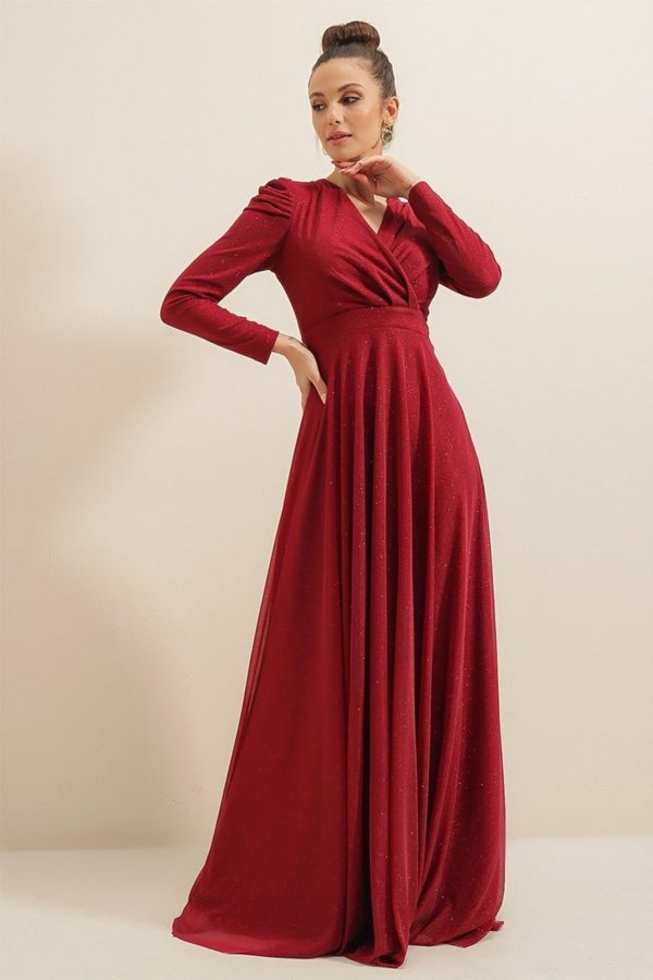 By Saygı By Saygı Wide Size Range Burgundy Red Neckline Shoulders Pleated Lined Silvery Long Dress