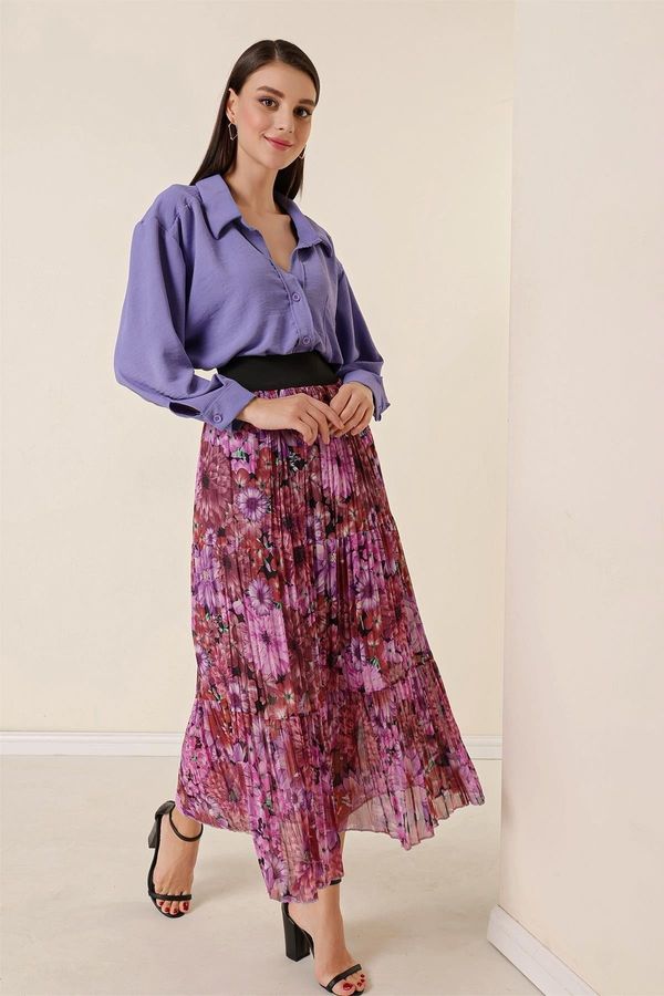 By Saygı By Saygı Wide Waist, Elastic Lined Chrysanthemum Pattern Tri-Pleat Skirt Purple