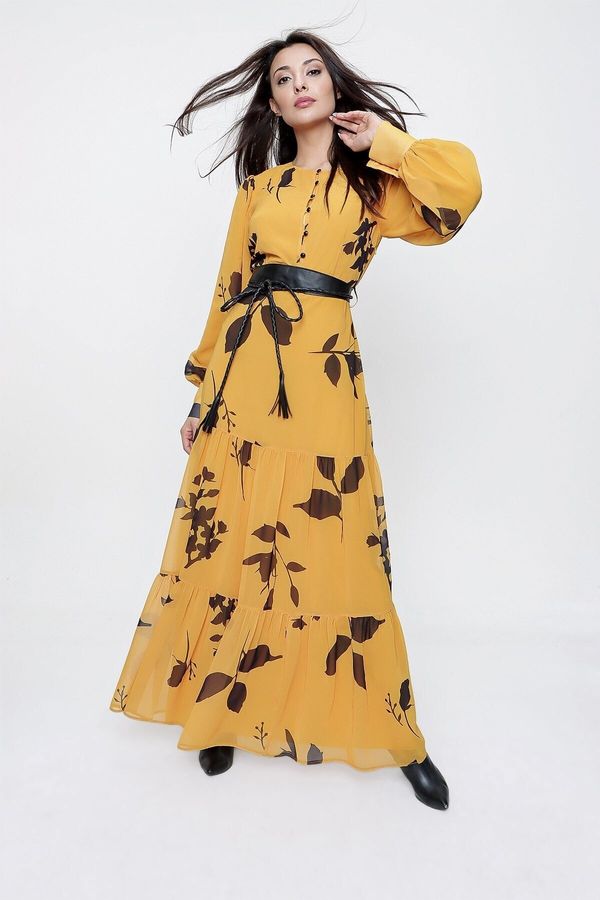 By Saygı By Saygı Yellow Floral Pattern Long Chiffon Dress With Half Button Front Waist Belt Lined