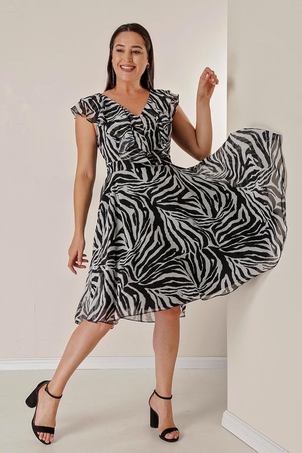 By Saygı By Saygı Zebra Patterned Lined Plus Size Chiffon Dress With Ruffle Collar