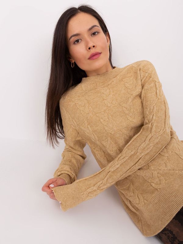 Fashionhunters Camel sweater with cables and cuffs