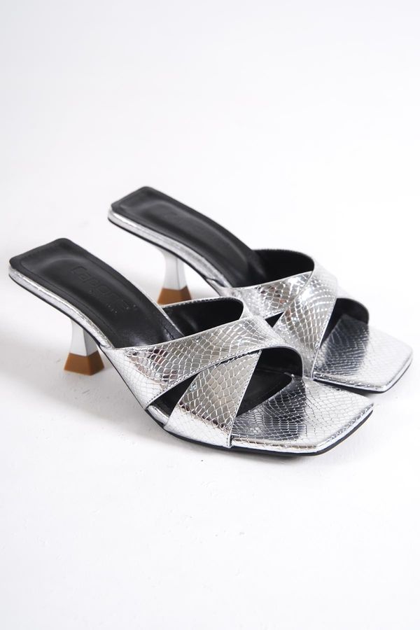 Capone Outfitters Capone Outfitters Capone Booty Toe Women's Snake Pattern Cross-Strap Mid Heel, Metallic Silver Women's Slippers.