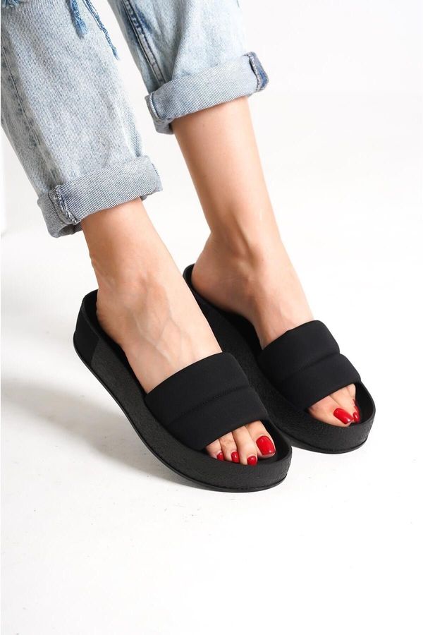Capone Outfitters Capone Outfitters Capone Women's Quilted Strap, Colorful Detailed Wedge Heel Matte Satin Black Women's Slippers.