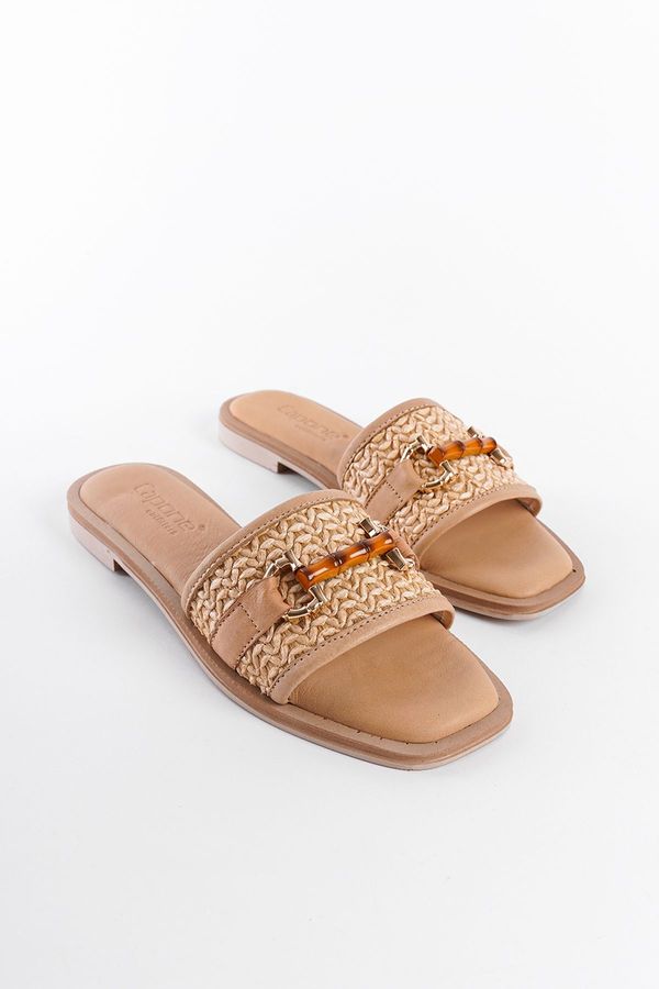 Capone Outfitters Capone Outfitters Straw Genuine Leather Buckle Flat Heeled Women's Slippers