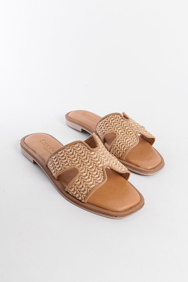Capone Outfitters Capone Outfitters Straw Genuine Leather H Banded Flat Heeled Women's Slippers