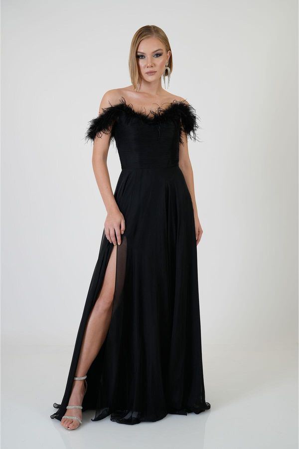 Carmen Carmen Black Feathered Slit Chiffon Evening Dress