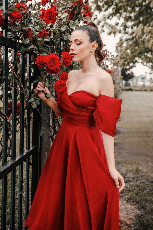 Carmen Carmen Burgundy Organza Engagement Evening Dress with Low Sleeves.
