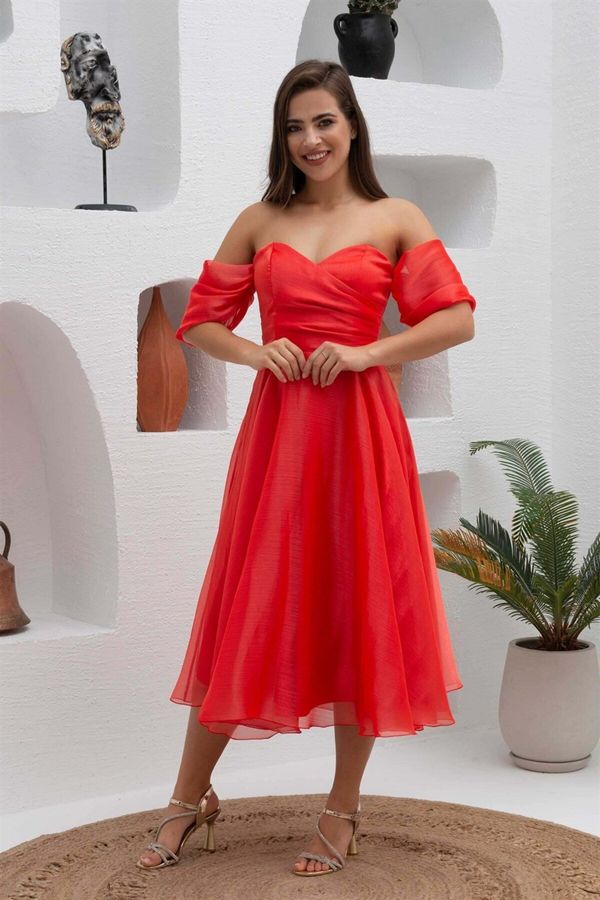 Carmen Carmen Coral Low Sleeve Organza Engagement Evening Dress